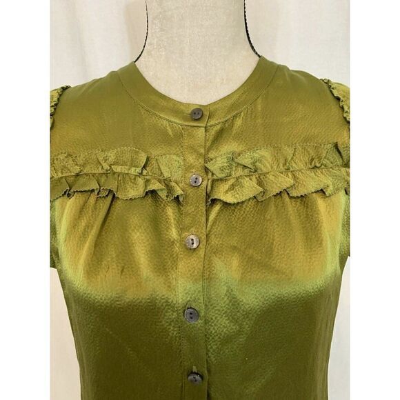 J Crew Solid Olive Green 100% Silk Short Sleeve Top Blouse 0 Xs Xxs - Picture 3 of 7